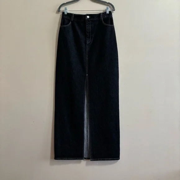 NOMIA NYC Designer Sz 6 Slit Front Maxi Jean Skirt In Black Stonewash NWOT - Picture 2 of 15